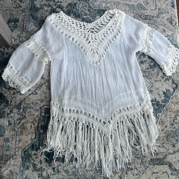 White boho crochet fringe tunic cover up top - Picture 4 of 7